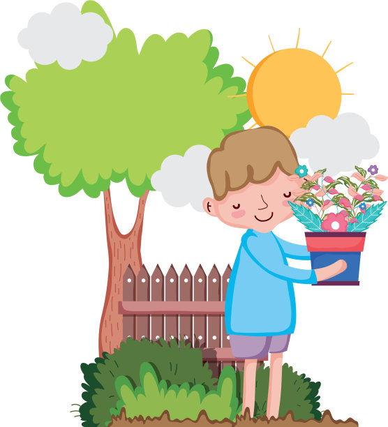 小男孩正在用树和篱笆吊起室内植物图片下载