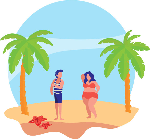 年轻男孩和女人在海滩夏天的场景图片下载