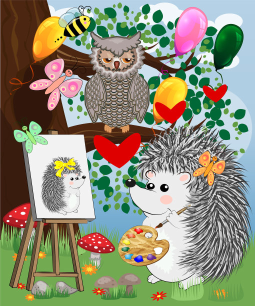 恋爱中的刺猬艺术家在画架上作画图片下载