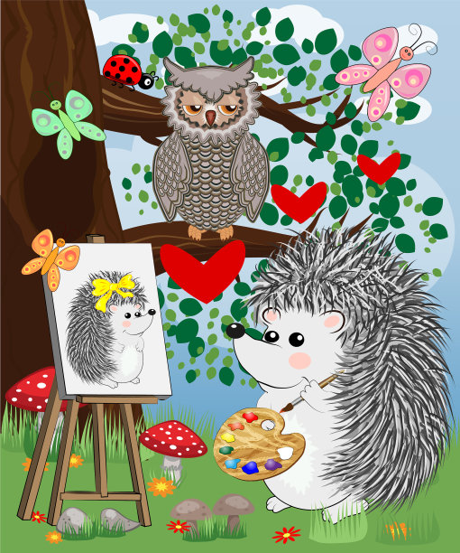 恋爱中的刺猬艺术家在画架上作画图片下载