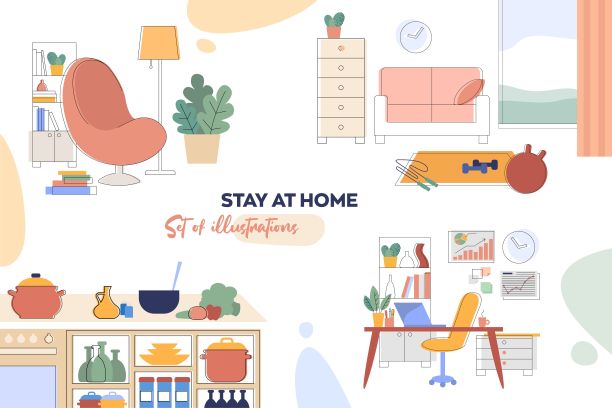 一套室内细节和家居用品的插图。家居家具及配件图片下载