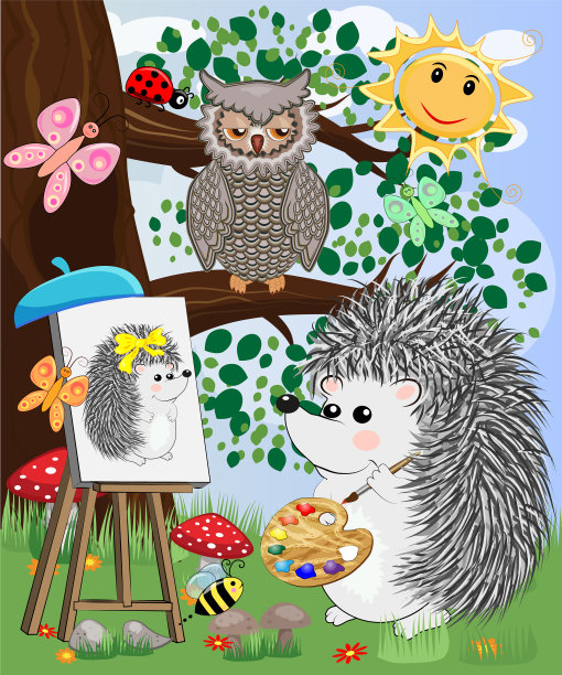 恋爱中的刺猬艺术家在画架上作画图片下载