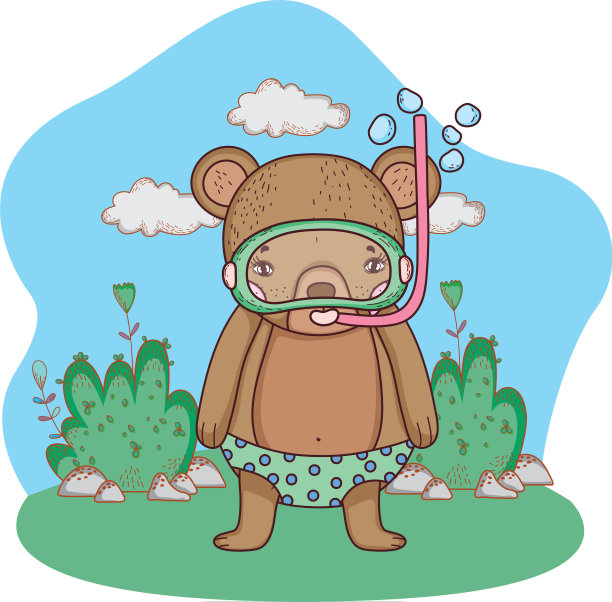 可爱的小熊带着通气管在田野里图片下载