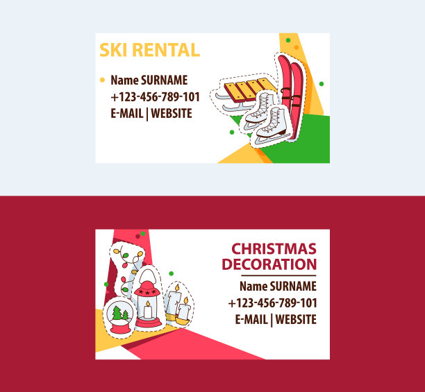 滑雪租赁和圣诞装饰的名片图片下载