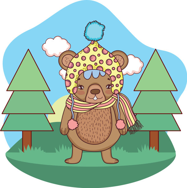 可爱的小熊戴着帽子在营地图片下载