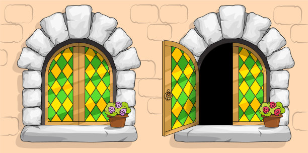 中世纪窗户，绿色彩色玻璃，白色石头图片下载