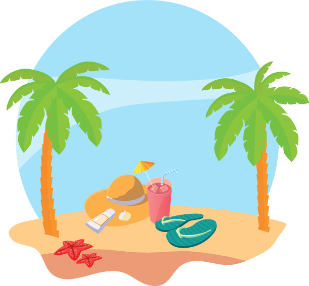 夏天的海滩上有棕榈树和草帽的场景图片下载