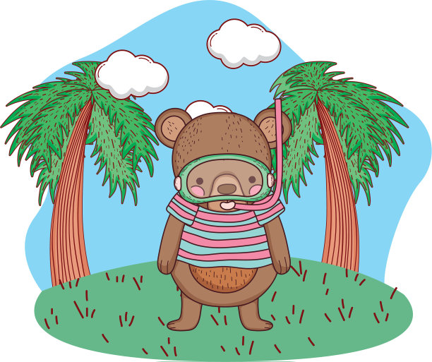 可爱的小熊带着通气管在田野里图片下载