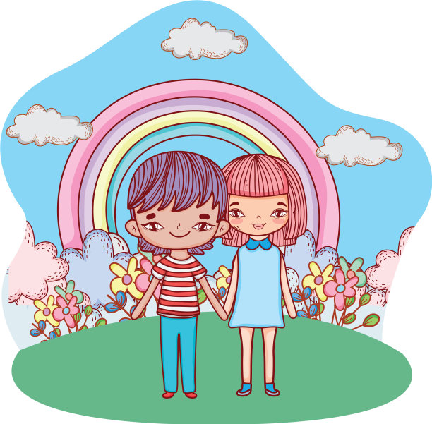 年轻夫妇户外夜间风景卡通图片下载