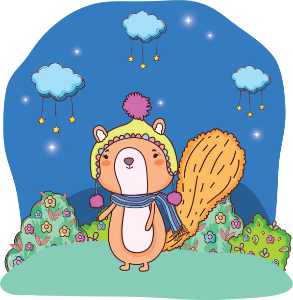 戴着帽子和围巾的小花栗鼠在田野里图片下载