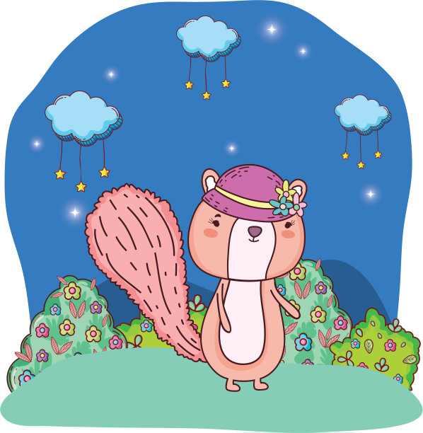 可爱的小花栗鼠戴着女帽子在田野里图片下载