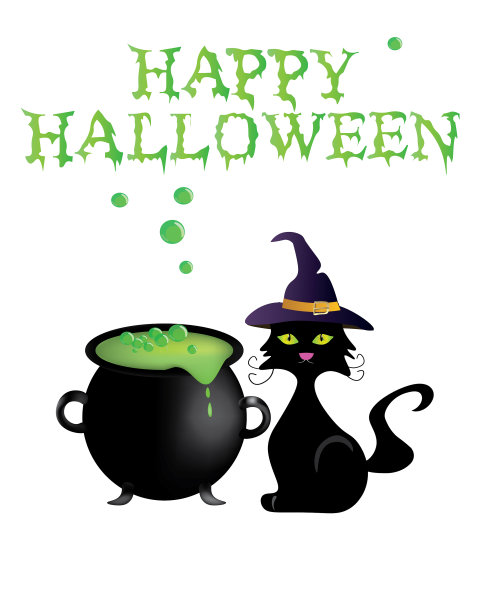 万圣节快乐卡片与坩埚和猫图片下载
