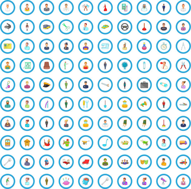 100个工作图标设置卡通风格图片下载