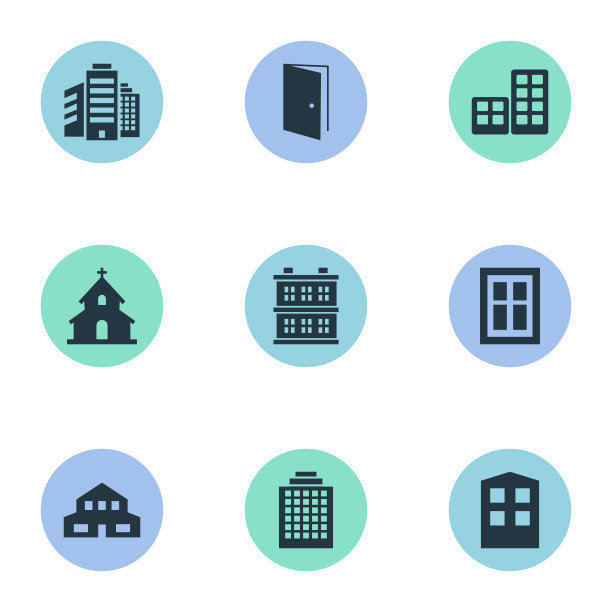 一组9个简单的建筑图标可以找到图片下载