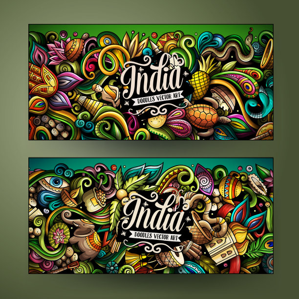 印度手绘涂鸦横幅设置卡通图片下载