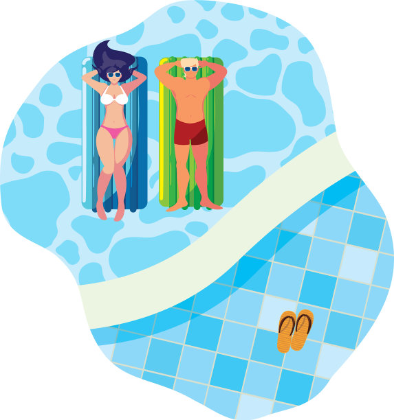 一对年轻夫妇把浮在水中的床垫图片下载