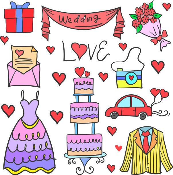 涂鸦婚礼元素集合股票图片下载