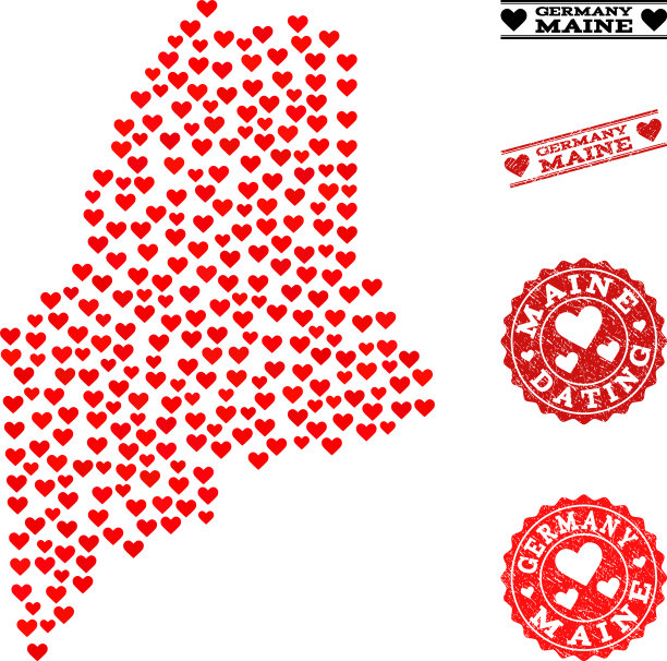 缅因州的心形拼贴地图和垃圾邮票图片下载