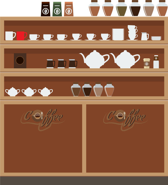 在咖啡馆或餐厅的壁橱衣柜，有杯子和图片下载