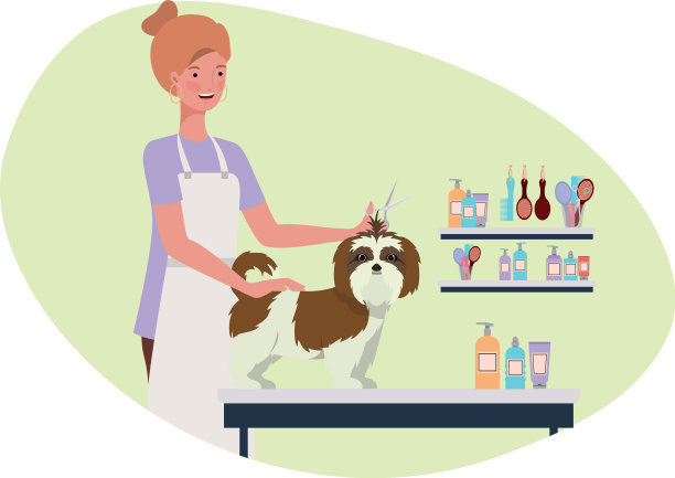 年轻女子与狗在宠物美容图片下载