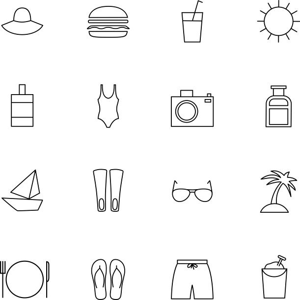 旅游和旅游胜地细线图标集图片下载