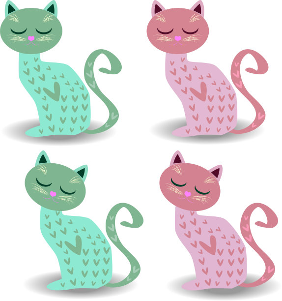 设置四个可爱的猫在柔和的颜色图片下载