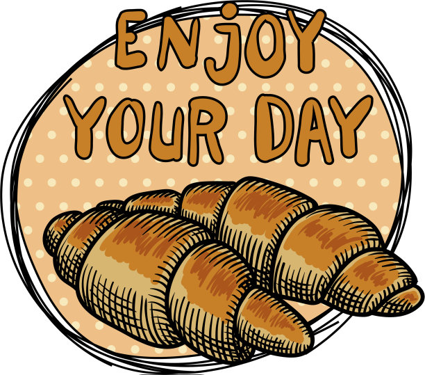 两个牛角面包放在米色圆点花纹盘子里，还有一个图片下载