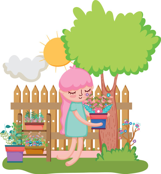 小女孩用篱笆和树吊起室内植物图片下载