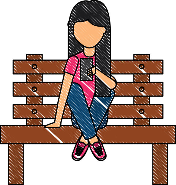 年轻女子坐在长凳上拿着智能手机图片下载