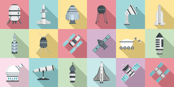 太空研究技术图标设置扁平化风格图片下载