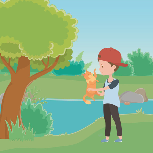 男孩与猫卡通设计图片下载