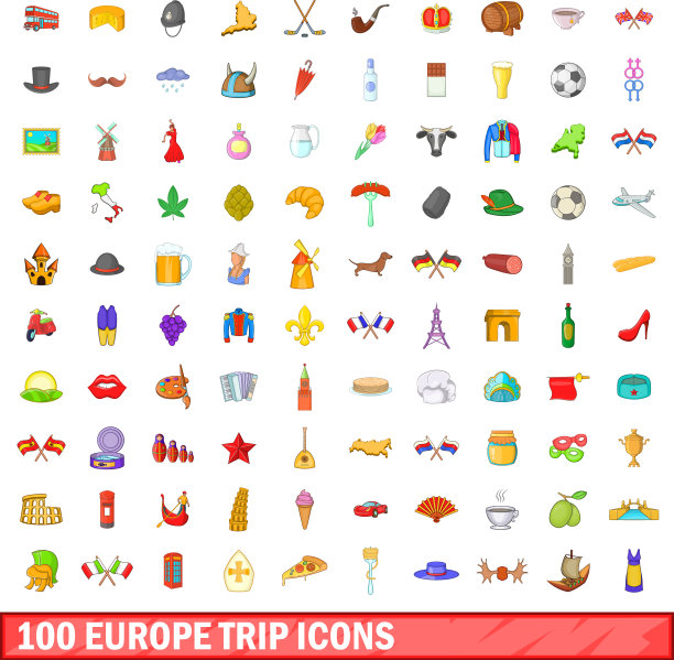 100个欧洲之旅图标设置卡通风格图片下载