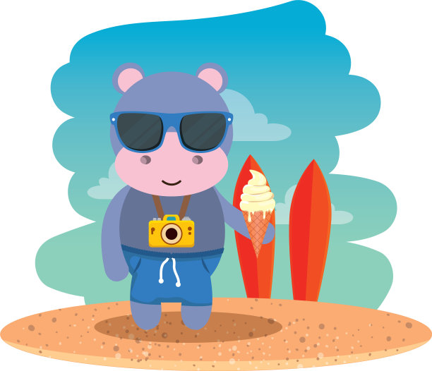 带着照相机和冰淇淋的河马图片下载