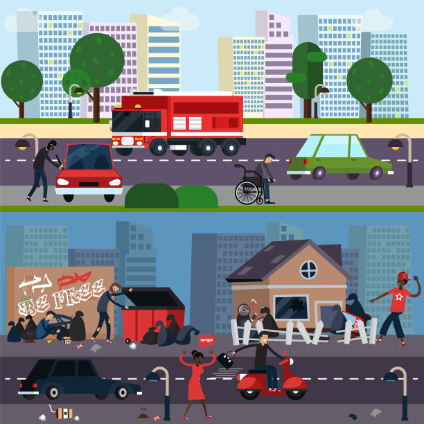 市区和贫民区的字符组成集图片下载