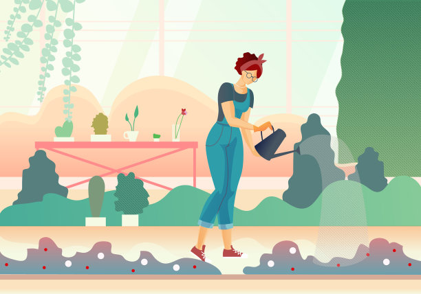 女花匠在橘子园浇水图片下载