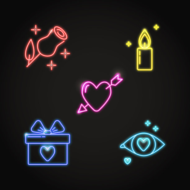 霓虹情人节图标设置在线条风格图片下载