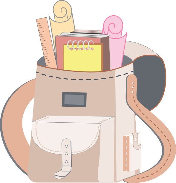 带卷轴和学习用品的书包图片下载