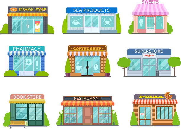 卡通店、理发店、书店和药店图片下载