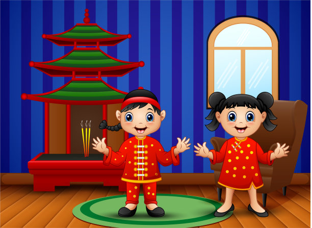 客厅里的卡通中国孩子图片下载