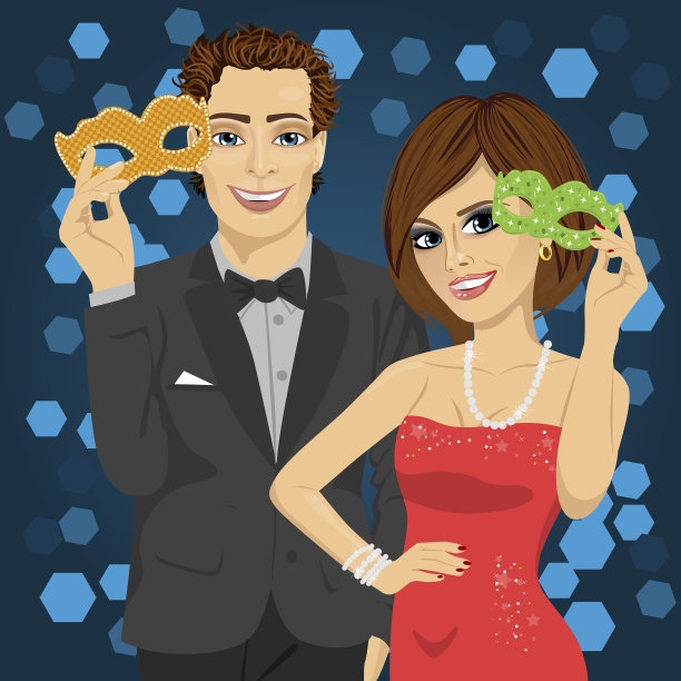 年轻夫妇在派对上戴着狂欢节面具图片下载