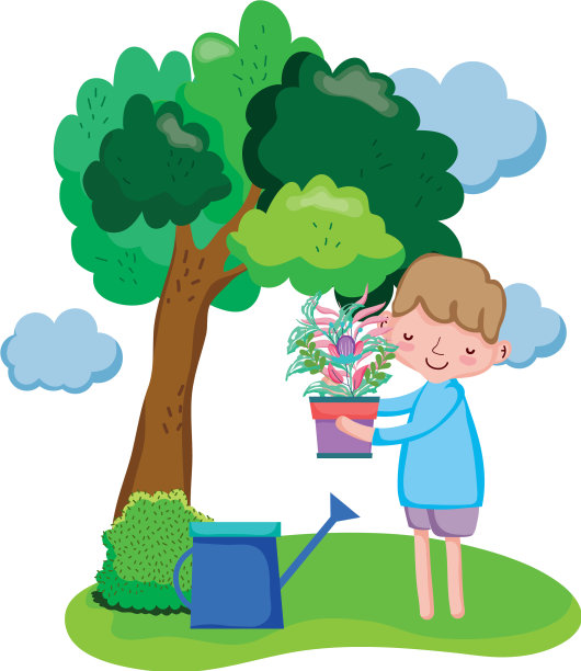 男孩用洒水器举起室内植物图片下载