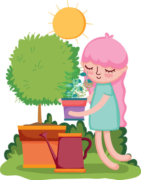 女孩用洒水器和树吊起室内植物图片下载