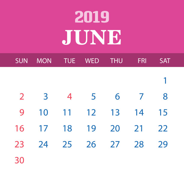 2019日历模板- 6月图片下载