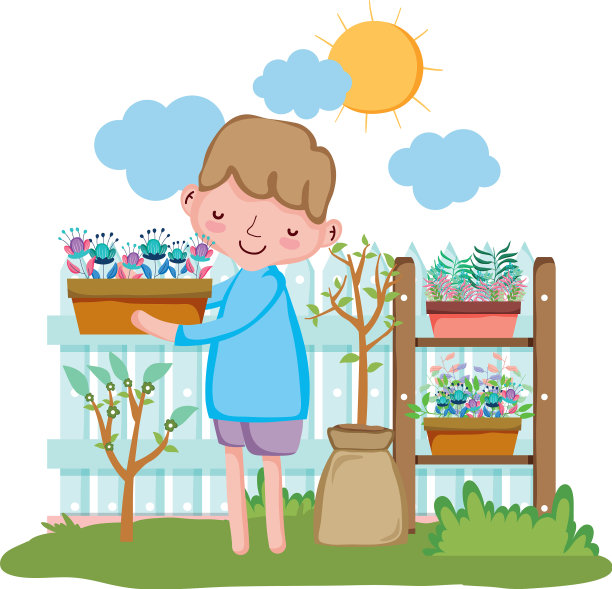 男孩用栅栏和架子举起室内植物图片下载