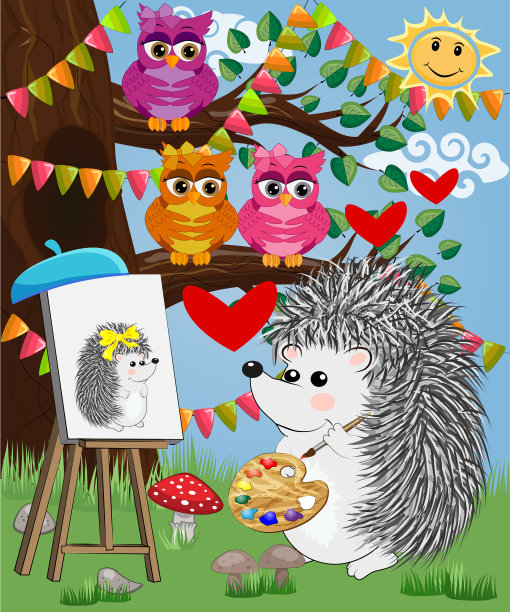 恋爱中的刺猬艺术家在画架上作画图片下载