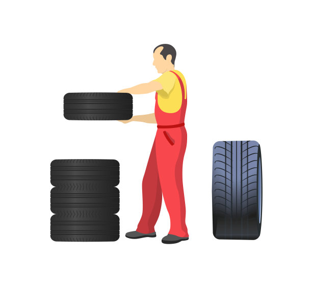 机械师安排车轮，把轮胎放在一起图片下载