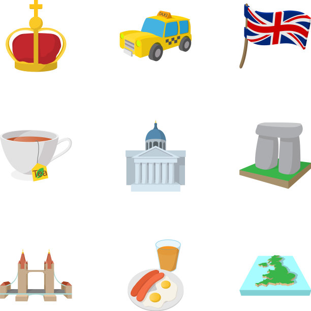 英国的旅游图标设置卡通风格图片下载