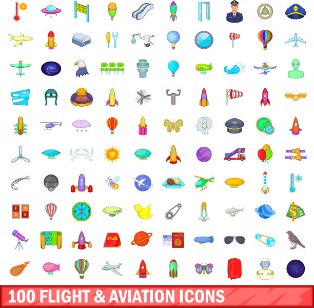 100飞行和航空图标设置卡通风格图片下载