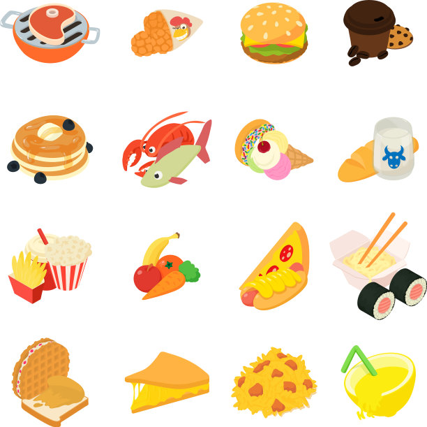 各种食物图标设置等距风格图片下载