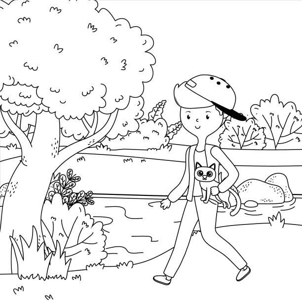 男孩与猫卡通设计图片下载